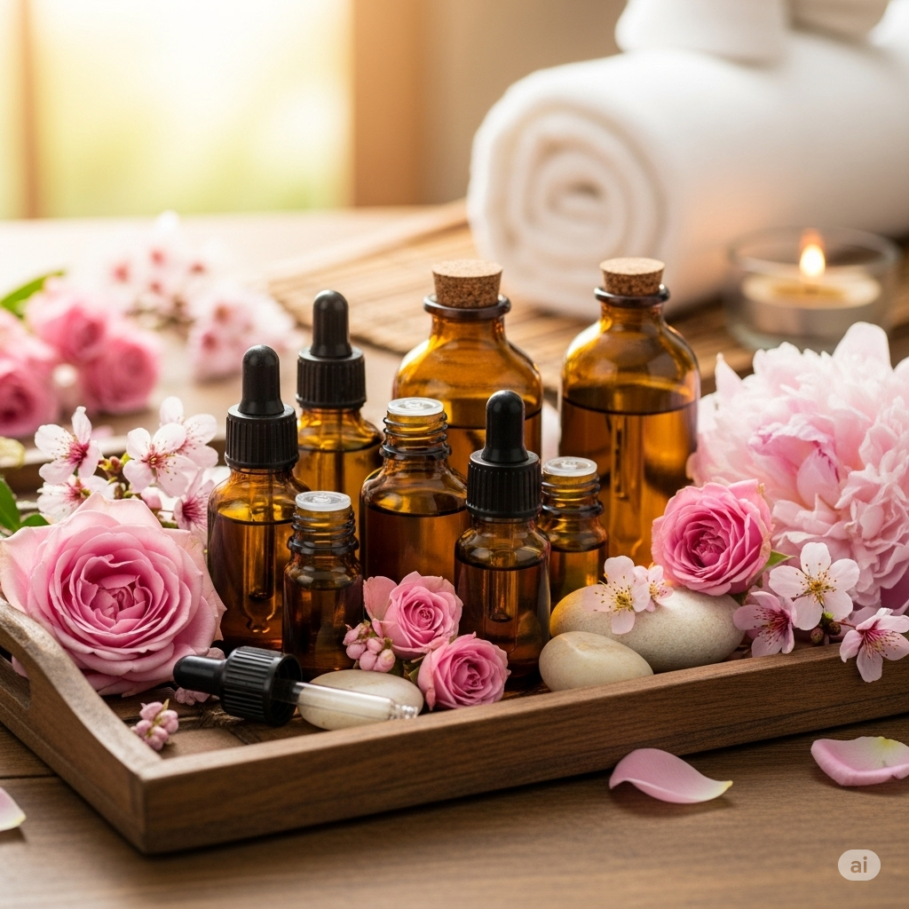 Florais e óleos essenciais com flores em tons de rosa
